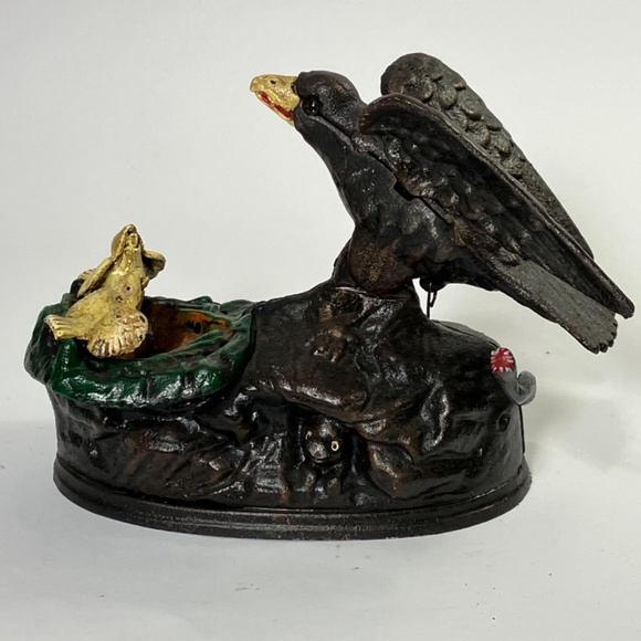 1883 Eagle and Eaglets Cast Iron Mechanical Bank circa 1950's Book of Knowledge - Picture 2 of 9